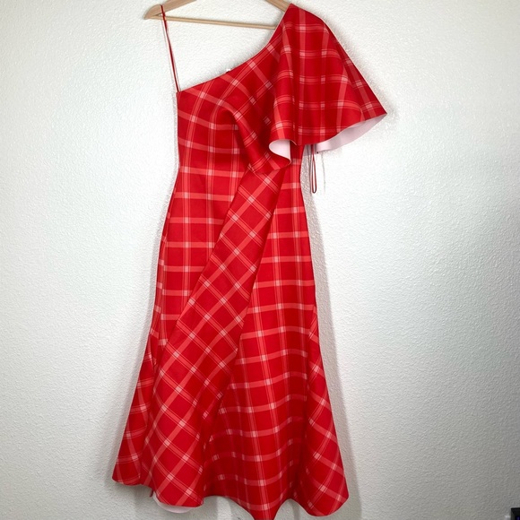 Asos peanut Girls One Shoulder Plaid Midi Dress Size 2 Red shawl Sleeve NWT - Picture 1 of 16